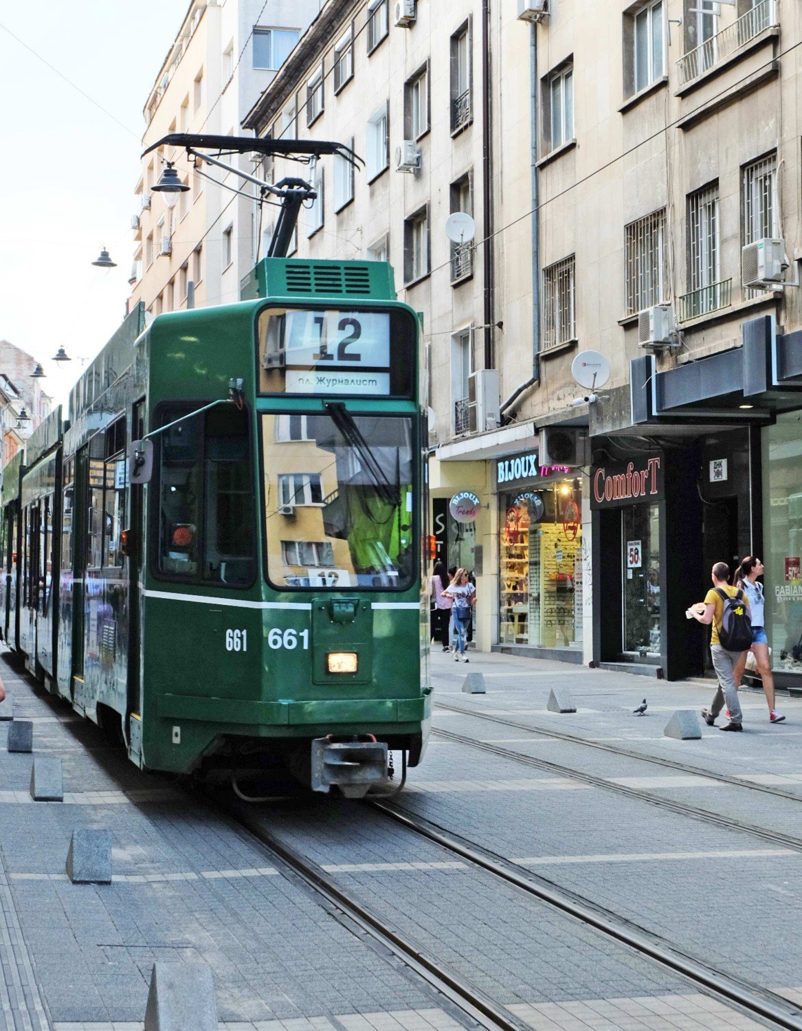 Green tram line 12 in Sofia Bulgaria